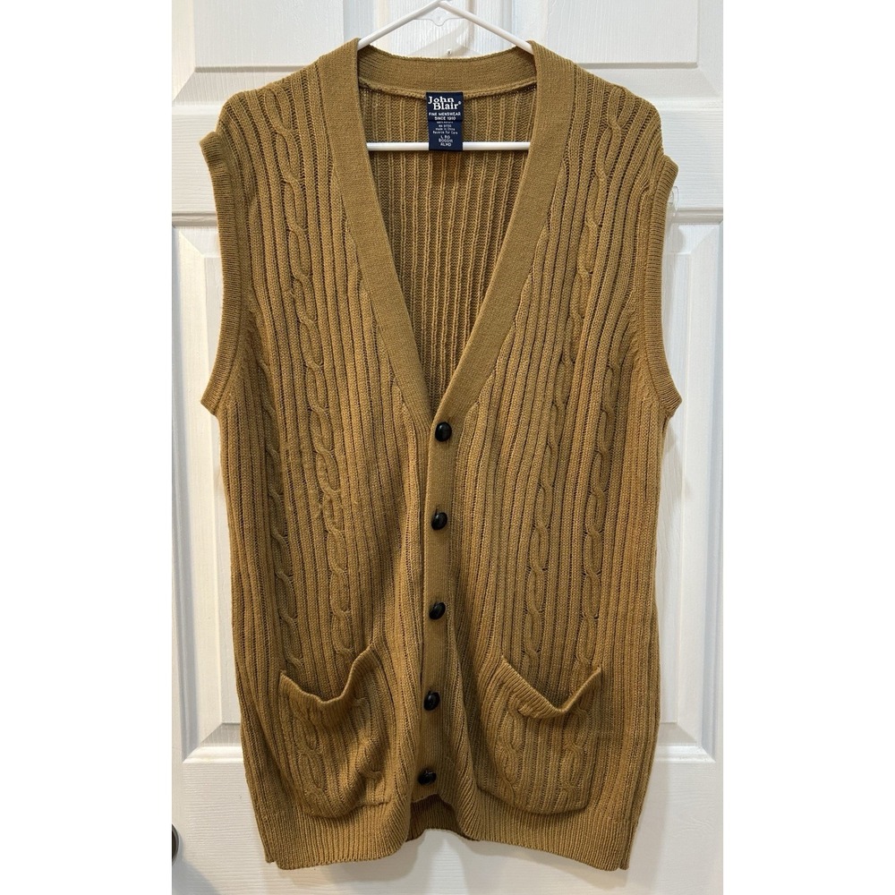 John Blair Cable Knit Sweater Vest Men's Sz L Button Front Retro Grandpa Mustard